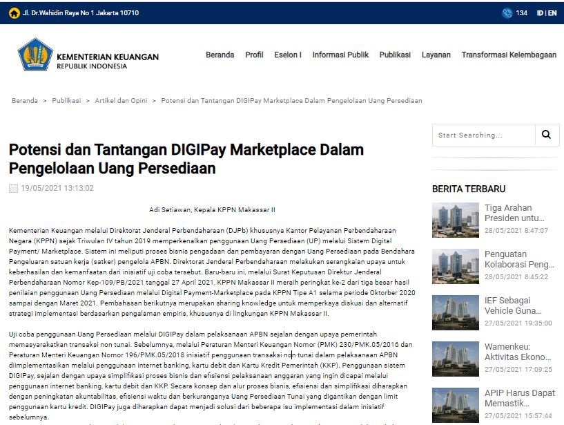 Capture Artikel Kemenkeu Potensi dan Tantangan DIGIPay Marketplace Dalam Pengelolaan Uang Persediaan