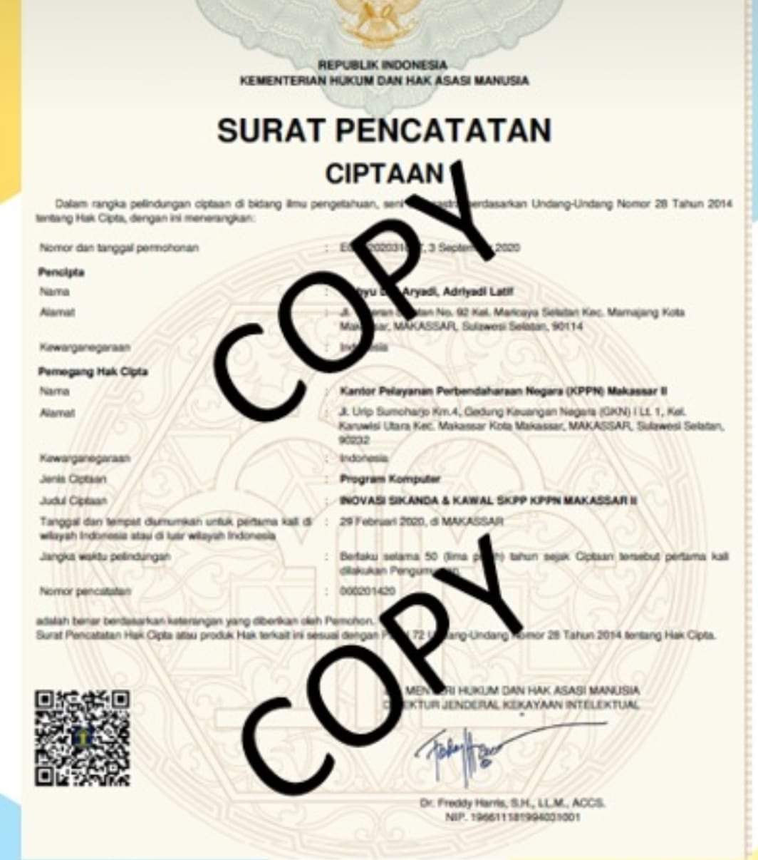 Sertifikat Hak Kekayaan Intelektual Aplikasi Sikanda dan Kawal SKPP KPPN Makassar II