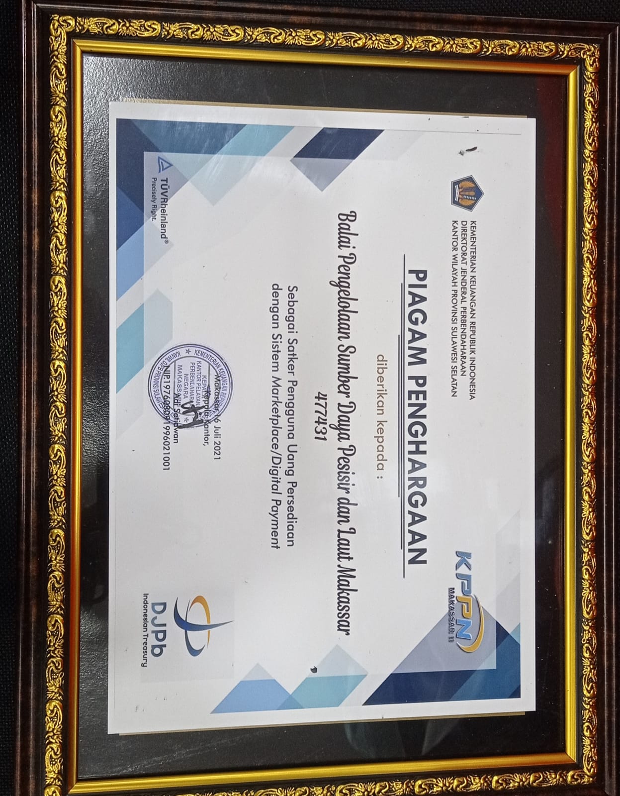 Penghargaan KPPN Makassar II kepada Satker Pengguna Uang Persediaan  dengan Sistem Marketplace / DigiPay